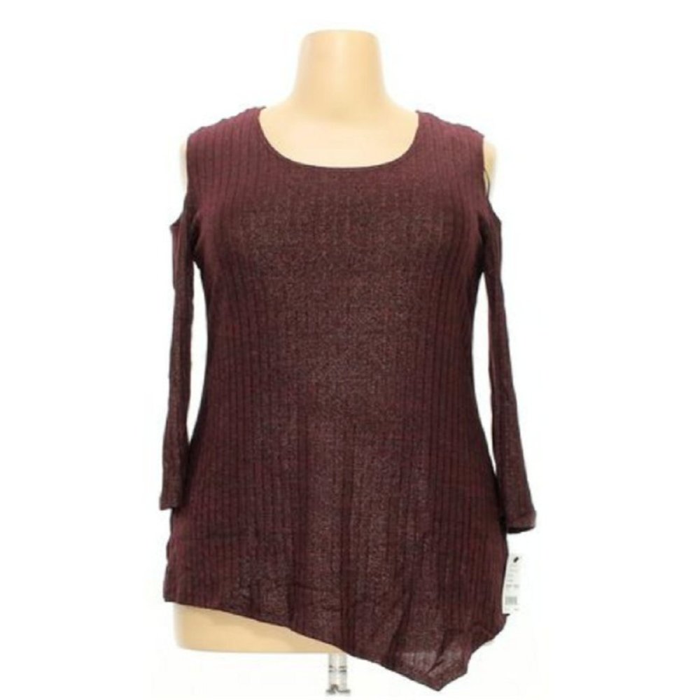 NY Collection Women's Cold Shoulder Ribbed Foil Pullover in Wine Size XL
